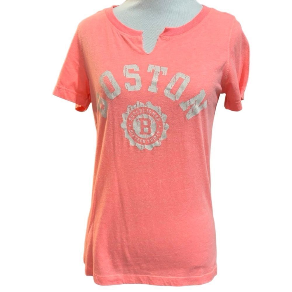 MV Sport Boston Graphic Tee Size M Coral Pink Short Sleeve Distressed Logo